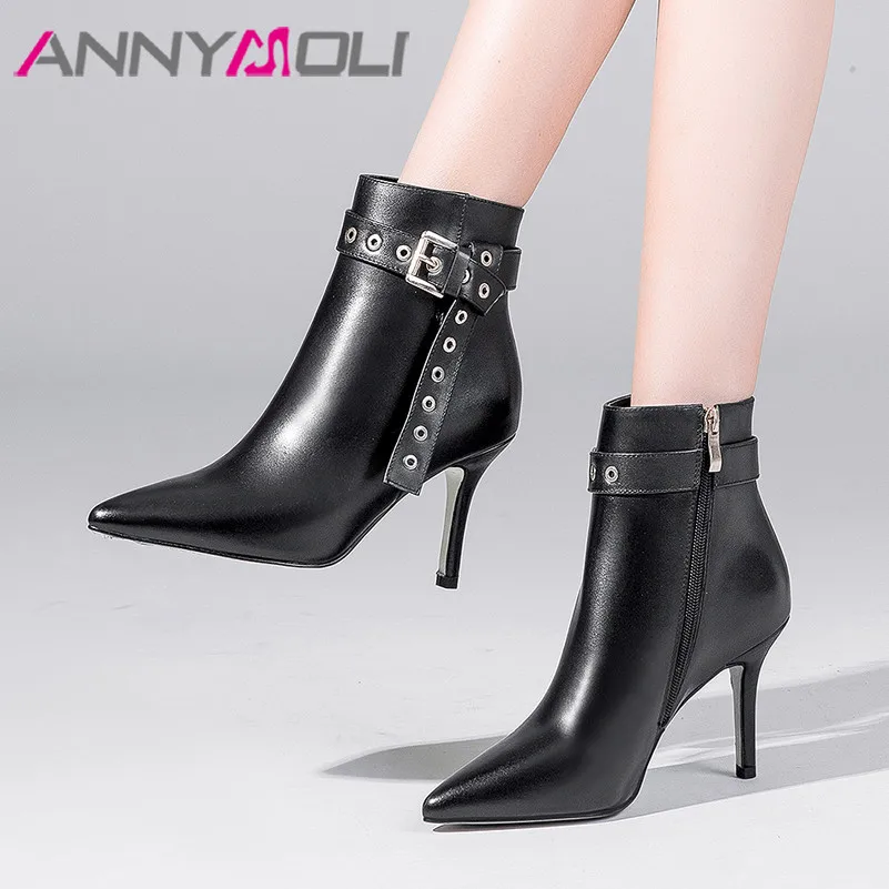 

ANNYMOLI Winter Ankle Boots Women Natural Genuine Leather Zip Thin Heel Short Boots Buckle Extreme High Heel Shoes Ladies Autumn