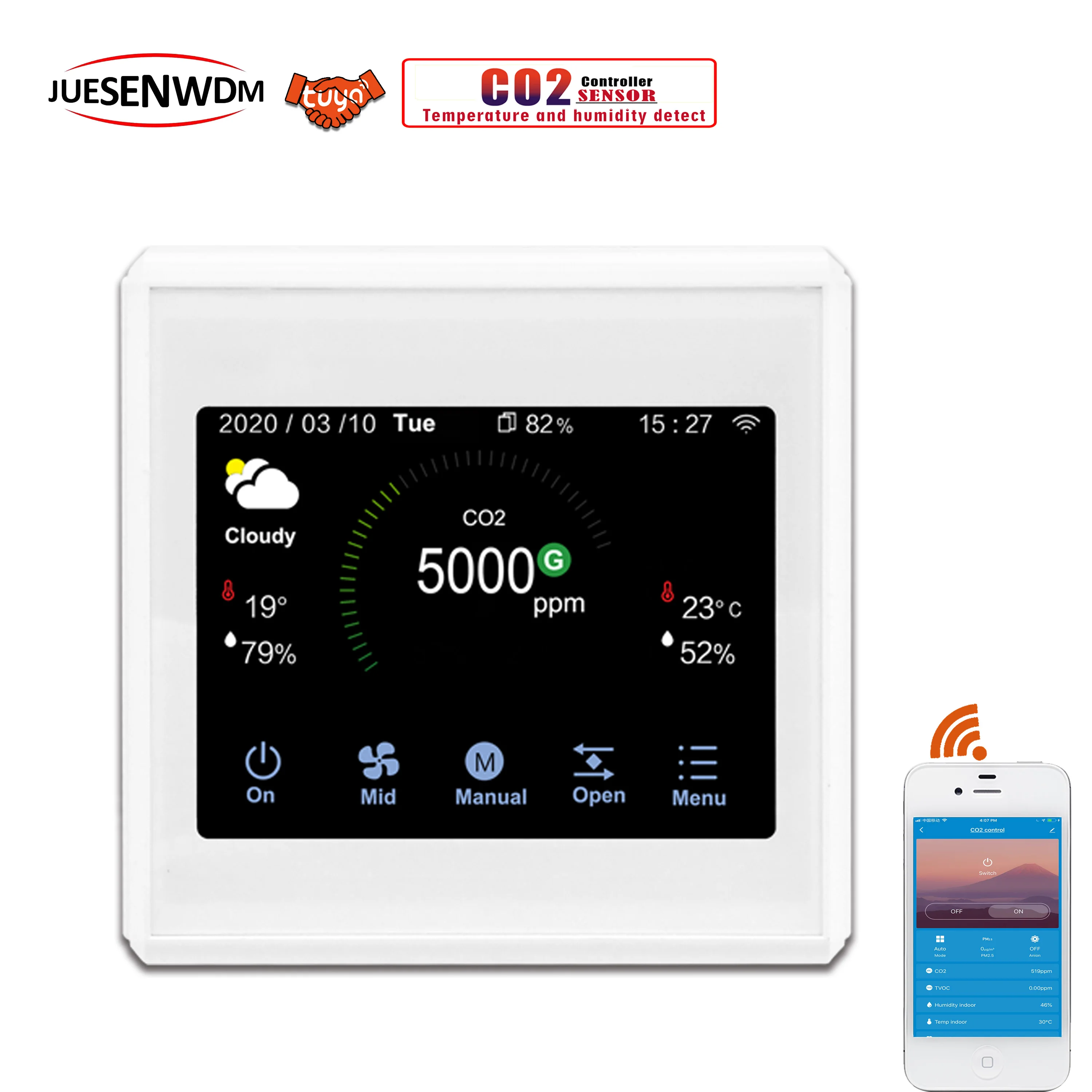 Wifi цветной сенсорный монитор качества воздуха с приложением TUYA CO2 для системы