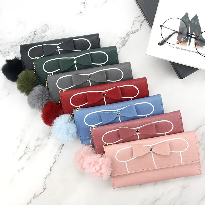 

Women's Casual Long Clutch Bag Butterflies Bow Multi-card Bit Holder PU Purse Fashion Ball Luxury Billetera Mujer Plush Floral