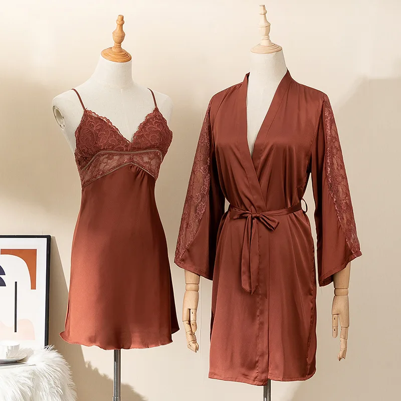 

Lace Sexy Women's Spring Summer Thin Robe Suits 2PCs Silk Satin Suspender Nightdress Backless With Chest Cushion Elegant Female