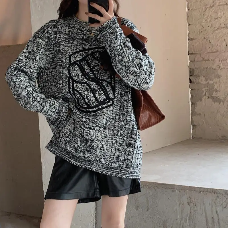 

Однотонный свитер HziriP Geometr с длинным рукавом, вязаный шикарный корейский свитер с круглым вырезом и вышивкой, универсальный, новинка 2021, осе...