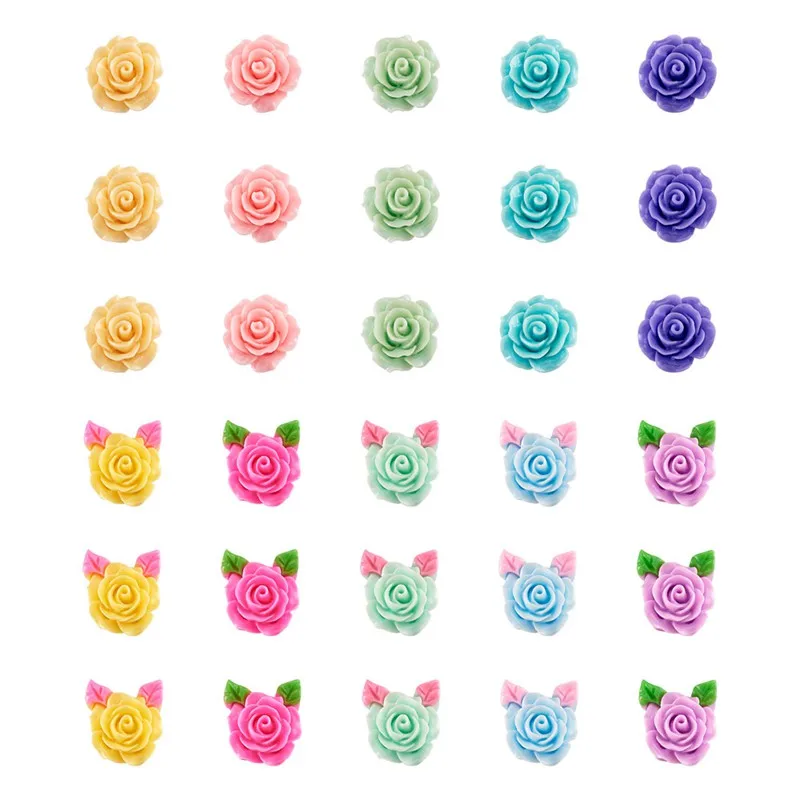 

200PCS/BOX Opaque Resin Cabochon Rose & Flower with Leaf Cabochon for Jewelry Making DIY Hairpin Brooch Decoration Supplies