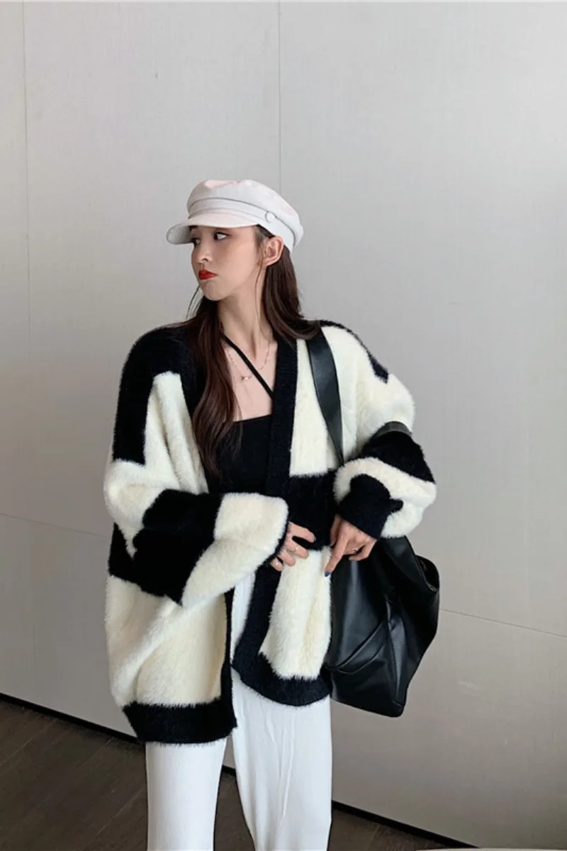 

Sweater women's striped loose outer wear thick sweater coat autumn and winter new korean style plush cardigan coat