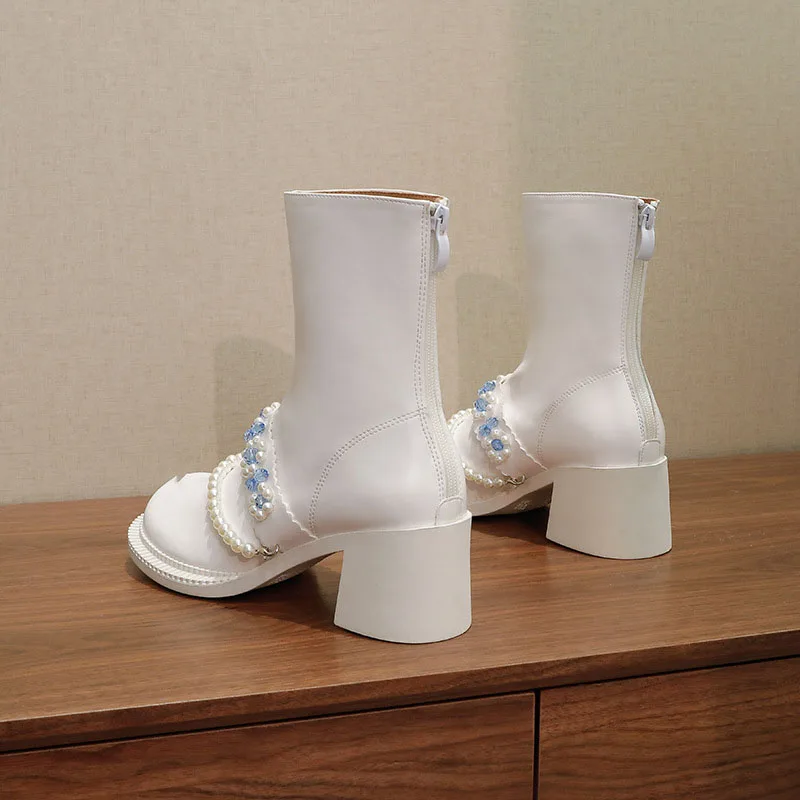 

Big round toe boots shoes women 2021 new ankle boots female pearl crystal flower beaded fashion shoes thick heels