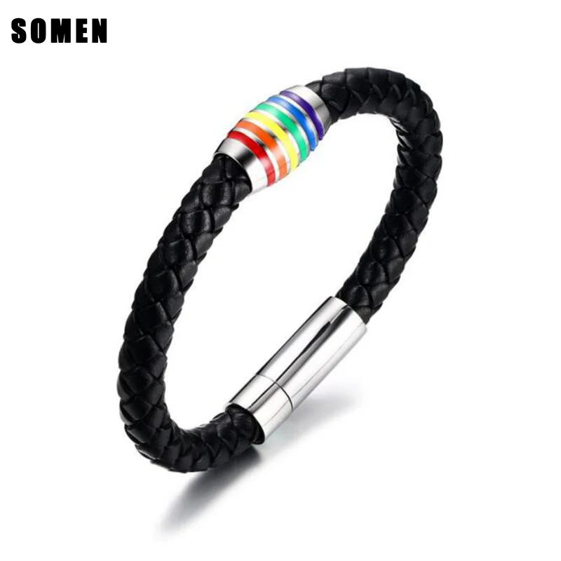 

2018 New Fashion Black Genuine Braided Leather Bracelet Men Stainless Steel Rainbow Magnetic Bracelet Gift Jewelry 21.5cm
