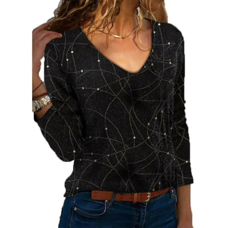 

Womens Fashion Printed Long Sleeve V-neck Casual T-shirts Casual Blouse Tee Tops