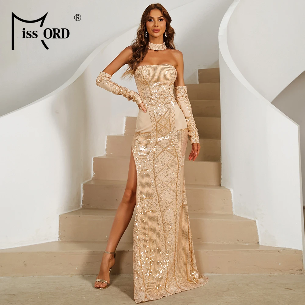 

Missord 2021 Summer Women's Fashion Evening Dresses Sequined Backless Bodycon Chest Wrapping Party Vestidos Gold Elegant Dress