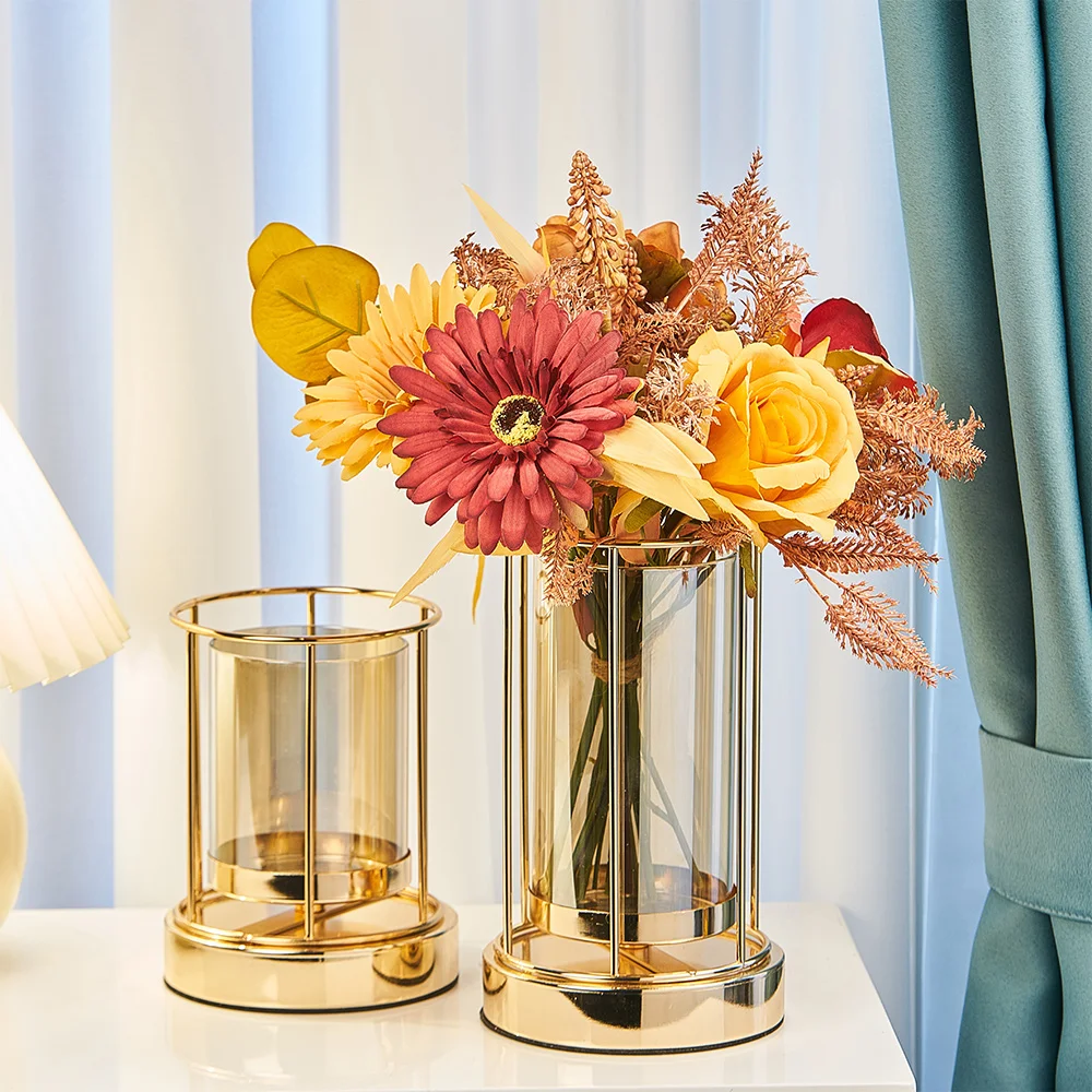 

European Metal Flower Vase Plant Holder Glass Terrarium Hydroponics Home Decor Accessories Living Room Decoration Candlestick