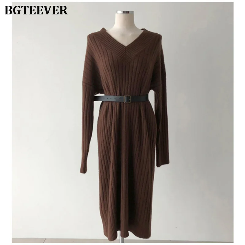 Осенне-зимнее прямое трикотажное платье для женщин с v-образным вырезом женское