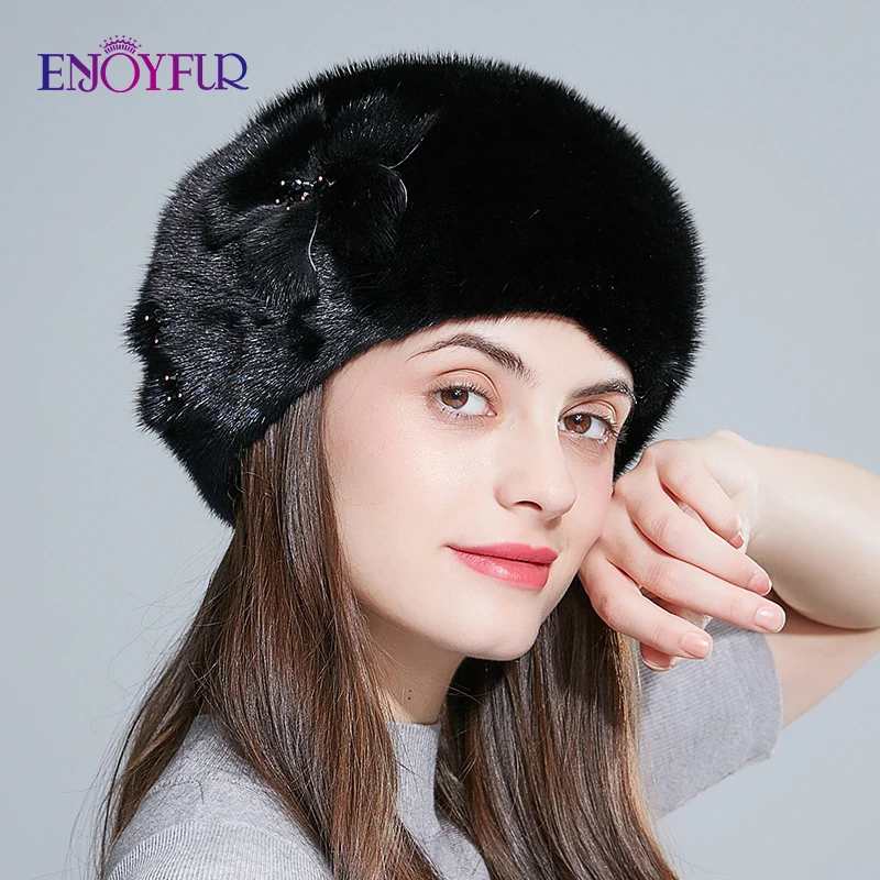 ENJOYFUR, модные меховые береты, натуральный мех норки, шапки для женщин, зимние меховые высококачественные кепки в цветочек