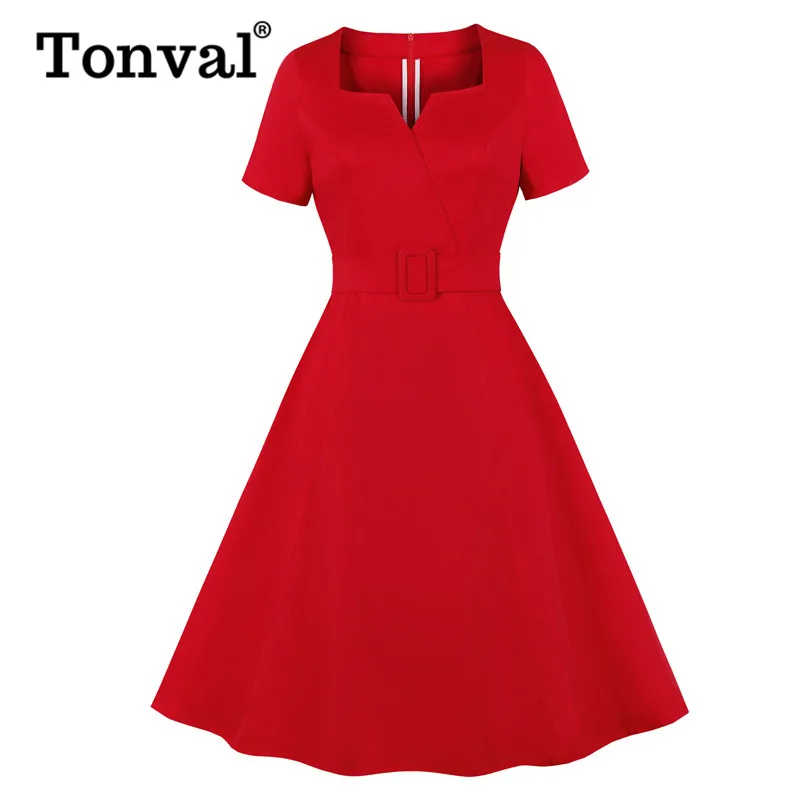 

Женское винтажное платье миди Tonval 1950S, красное элегантное Хлопковое платье с завышенной талией, карманами и боковыми платья в стиле Пинап