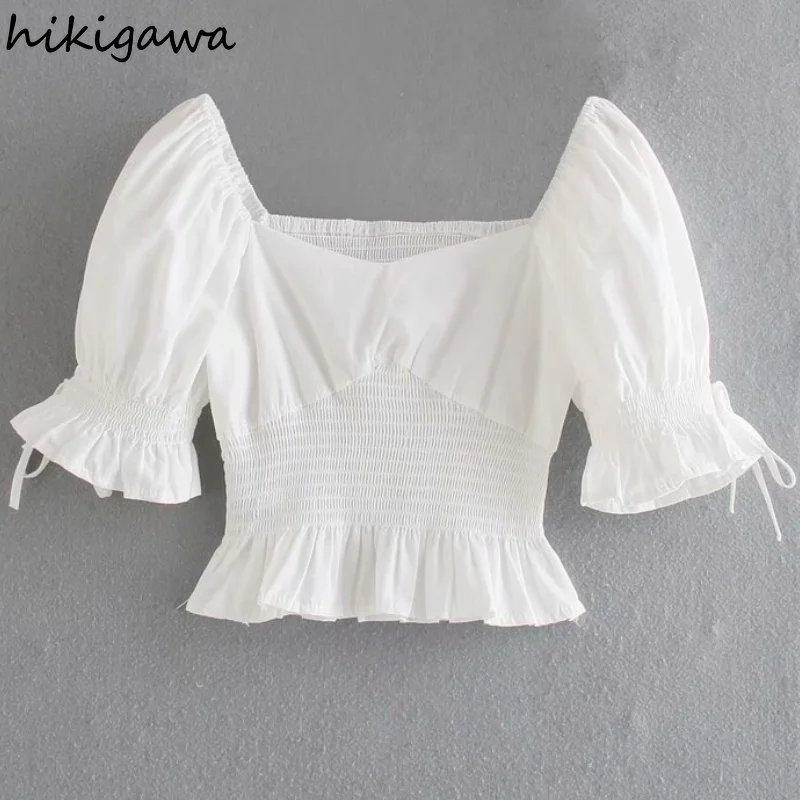 

Hikigawa Women's T-shirts New Vintage Square Collar Flare Sleeve Slim Woman Tshirts Solid Elastic Waist Streetwear T Shirt Tops