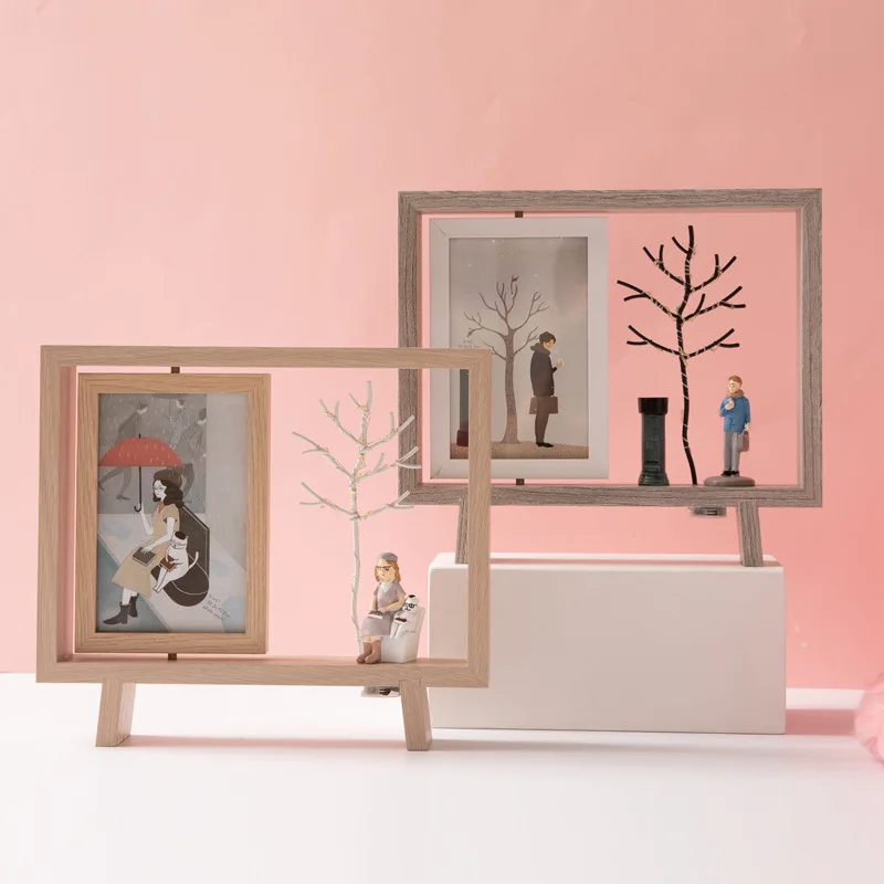

Creative 6 inch Wooden Photo Frame With LED Light Couple Rotating Desktop Decoration Picture Frames Ornament