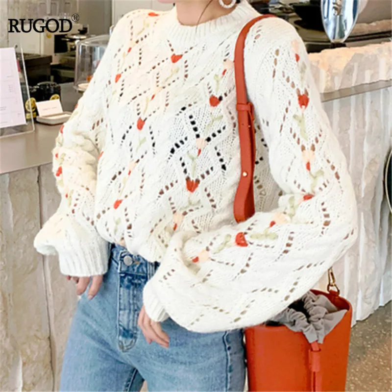 RUGOD Korean Style Sweater Women O-neck Long Sleeve Loose Hollow Out Red Dot Knitted Pullover Pull Femme Hiver 2019 | Водолазки