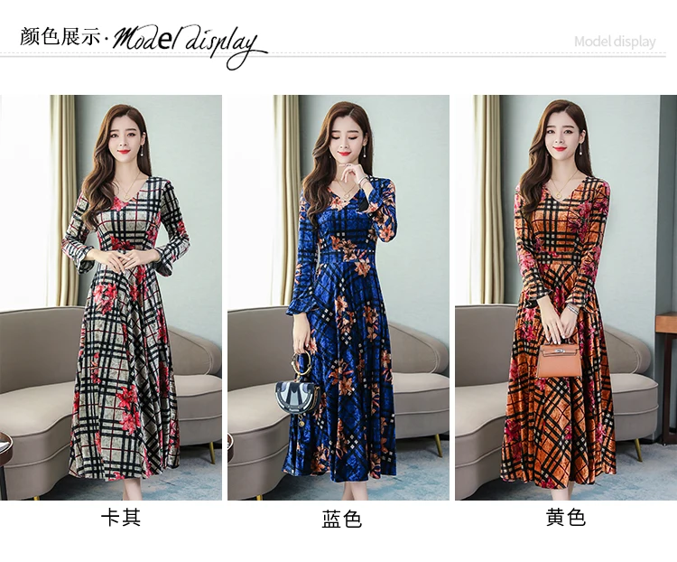 Vintage Floral Velvet Maxi Dresses Autumn Winter 3XL Plus Size Long Sleeve Midi Dress Elegant Women Bodycon Party Vestidos