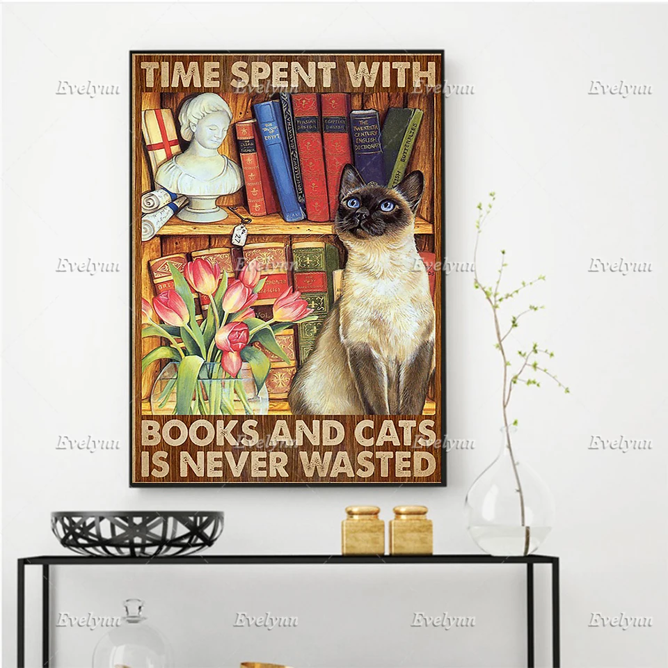 

Cat Lovers Time Spent With Books And Cats Retro Poster/Living Room Cat Wall Art Prints Home Decor Canvas Gift Floating Frame