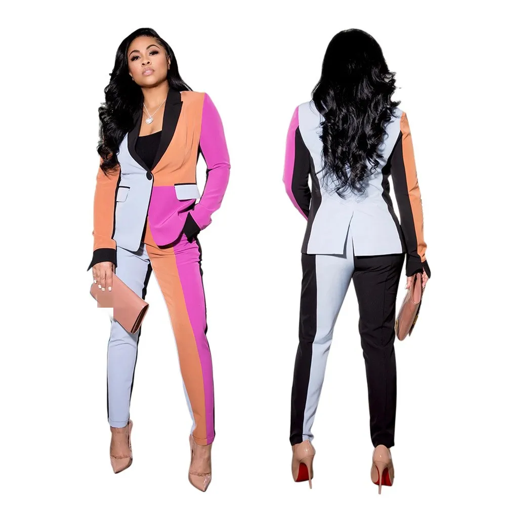 

Fashion Women Casual Sets Autumn Lady's Contrast Color Patchwork Long Sleeve Suit Coat High Waist Pencil Pants Outfits For Party