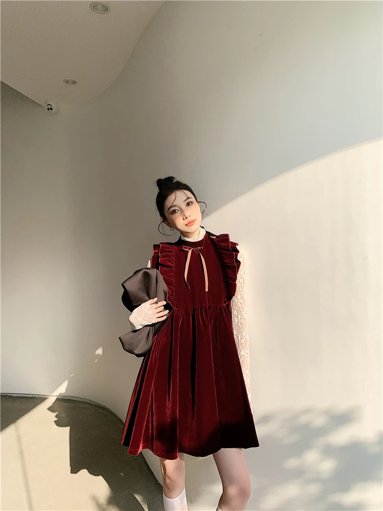 

Bornladies 2021 Spring Japanese Korean Trendy Outfits Dress Women Red Velvet Vintage Elegant Cake Sundress Lace Sleeve Dresses