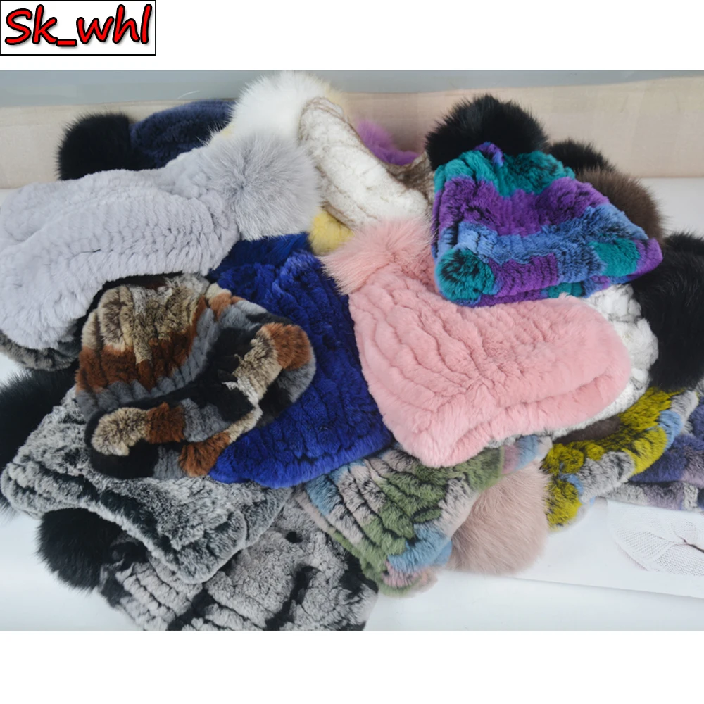 

2021 New Winter Russian Natural Rex Rabbit Fur Hat Women Elasitc Warm Handmade Knitted Real Fur Hats Fox Fur Pompoms Beanies Cap