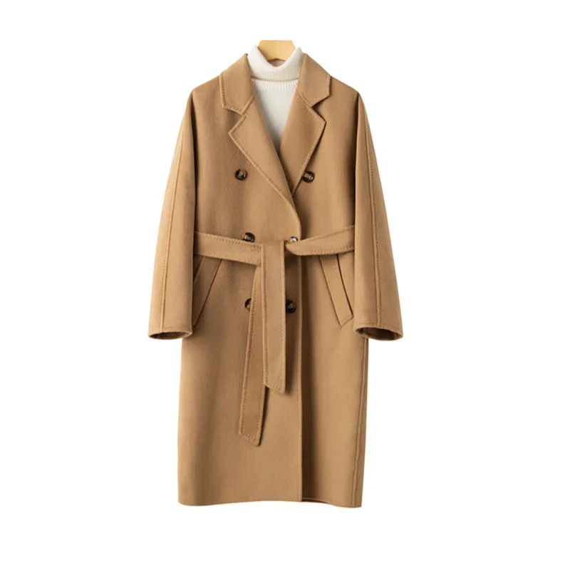 

Женское двустороннее кашемировое пальто, свободное двубортное пальто из чистой шерсти на шнуровке в Корейском стиле, Осень-зима 2021