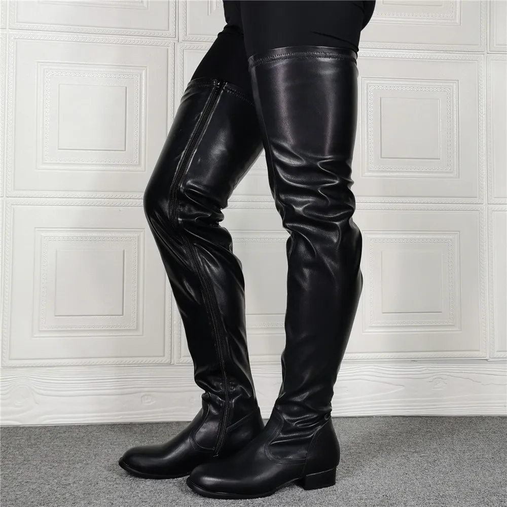 

Winter Long Boots Women Luxury Motorcycle Punk Knee High Over knee Boots Flat Black Genuine Leather Botas Feminina Big Size15