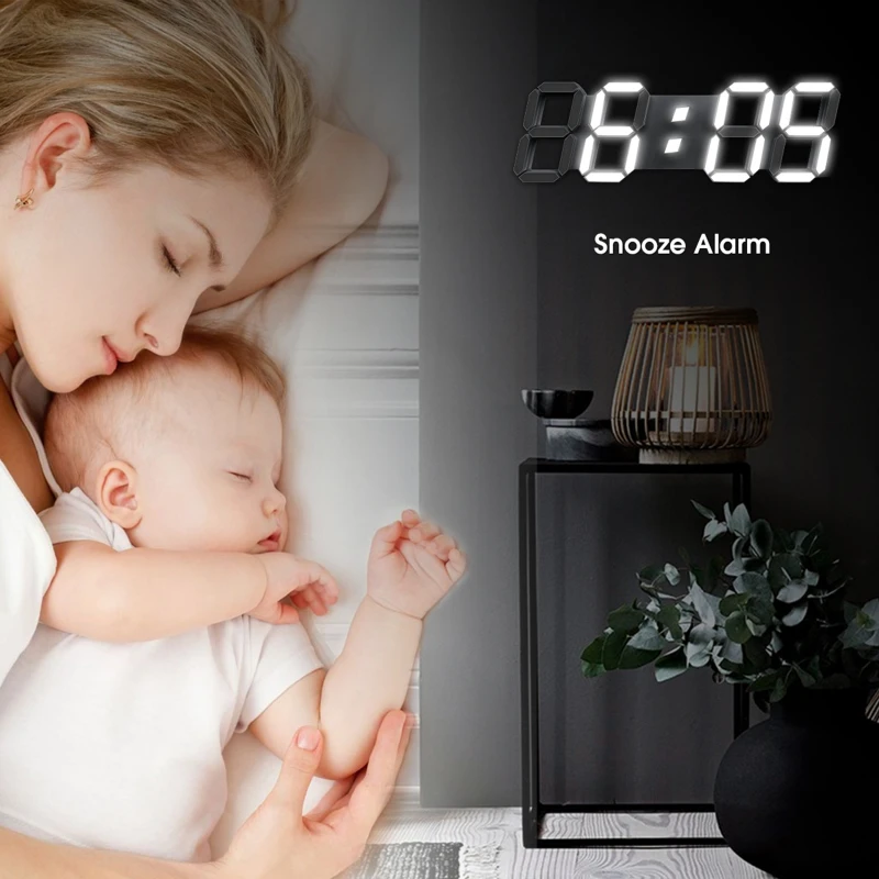 

3D Digital Alarm Clock Modern Design LED Wall Desk 12/24H Time Date Display Nightlight for Office Classroom Metting Room