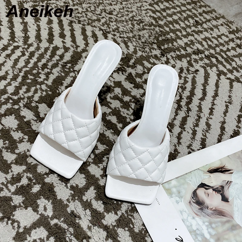 

Aneikeh New Sexy Pu Diamond Square Head Peep Toe Thin High Heels Slippers Summer Fashion Slip On Slides Women Mules Party Shoes