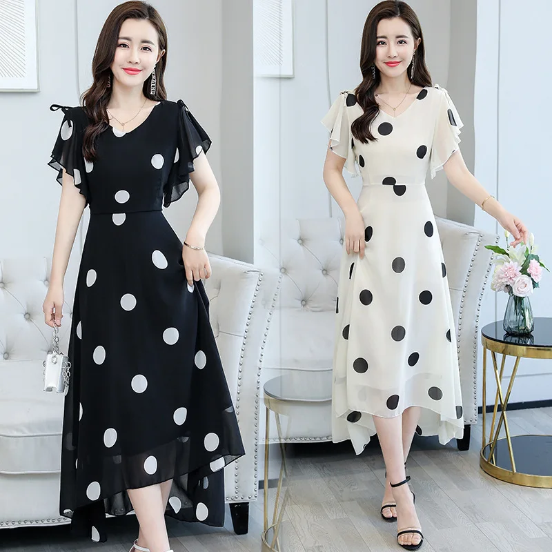 

Summer red wave point dress women's summer dress chiffon skirt spring and autumn harvest waist show thin temperament big size