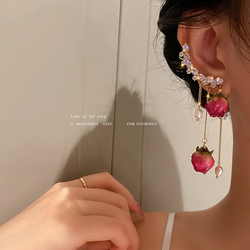 

925 silver needle Pearl Rose Earrings Earrings Earbone clip integrated Earrings zircon Rhinestone Tassel Earrings female
