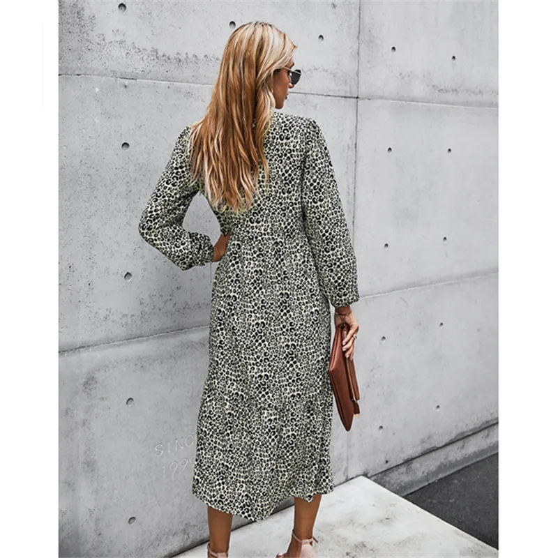 

Autumn 2020 Women Print Dress Elegant Casual Ruffles Maxi Dress Lantern Sleeves Slim Dress
