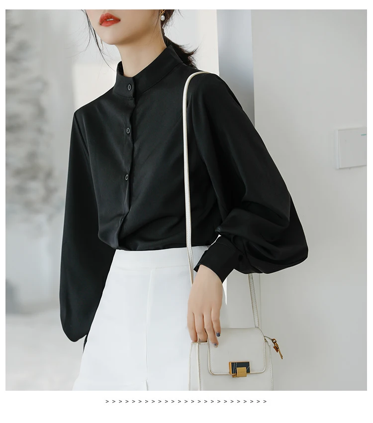 

Spring and Autumn Fashion Single-breasted Stand Collar Office Work Shirt Big Lantern Sleeve Simple Female Solid Color Retro Shir