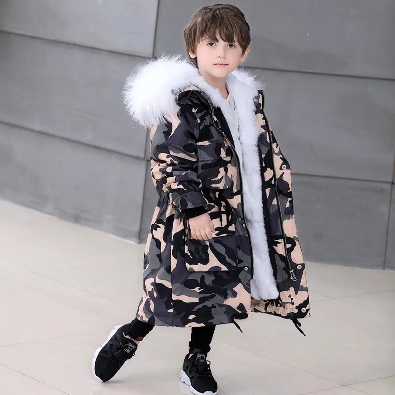 

Children Real Fur Coat Camouflage Long Jacket Girls Natural Rabbit fur Inside Jacket Boys Winter Parka Clothing TZ14