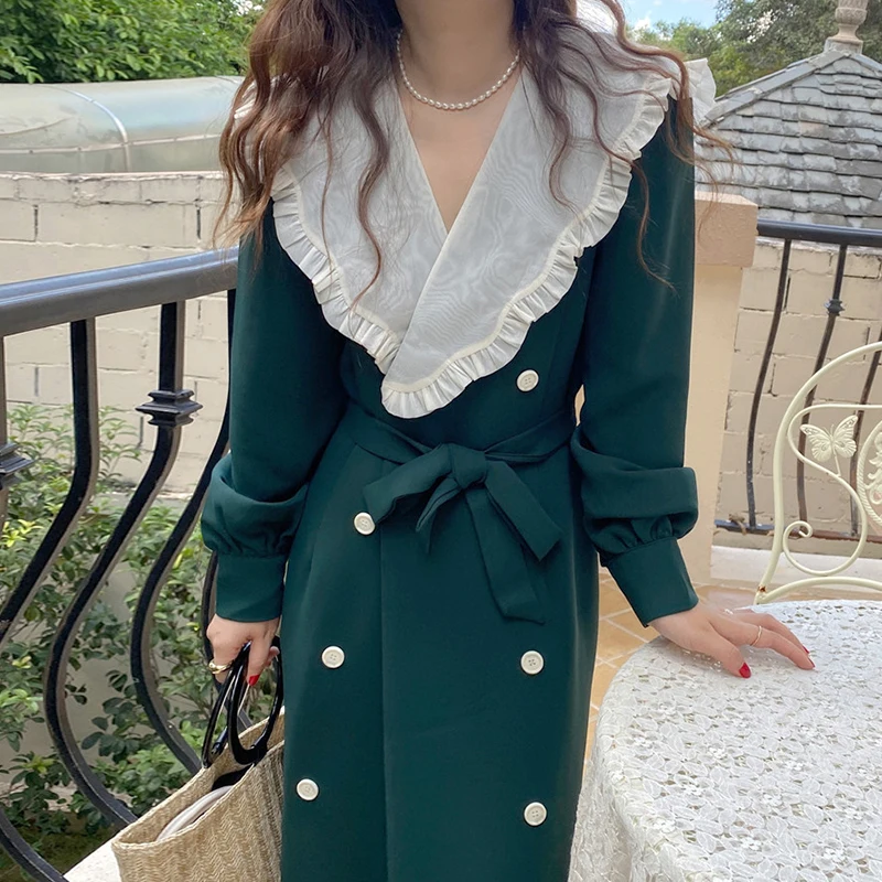 

Women Dress 2021 New Style Korean Fashion Retro Hit Color Big Lapel Stitching Lace Waist Double Breasted Puff Sleeve Vestidos