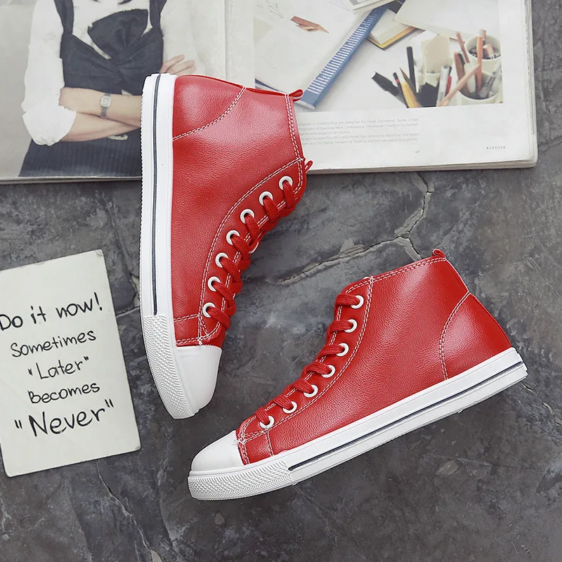 

Women's casual PU flat shoes 2019 spring and autumn new high-top belt leather students Harajuku small white shoes shoes