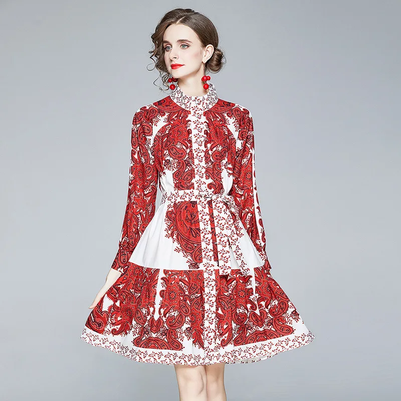 

2020 Fall Autumn Designer Runway Dress Womens Long Sleeve Floral Print Vintage Elegant Dress with Belt