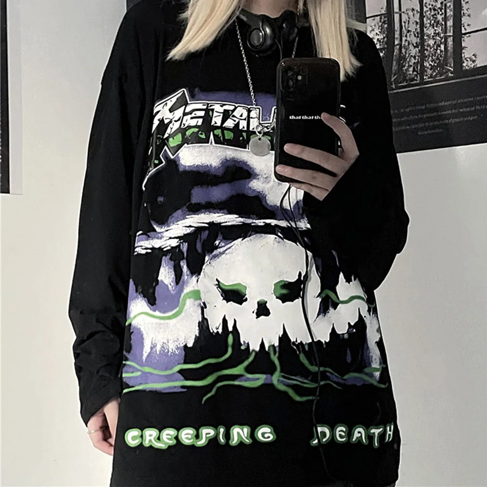 

New Fashion Women Tshirt Dark Japanese Dark Rock Retro Print Long Sleeve Tshirt Fall Clothes For Ladies