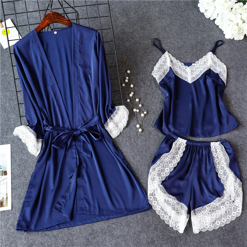 

Women Summer Pajamas Set Satin Lace Patchwork 3PCS Sleepwear Suspender Sling&Shorts&Robe Sexy Pyjamas Loose Home Clothing