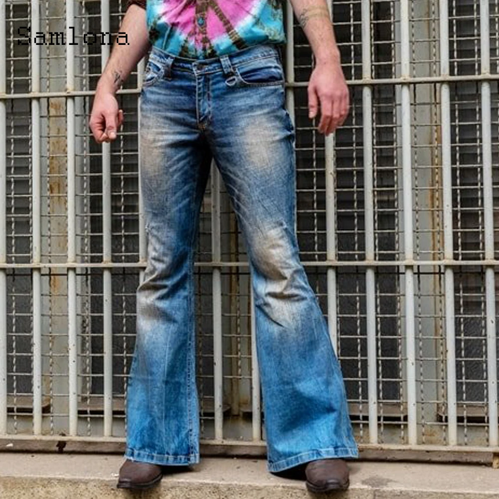 Samlona 2021 New Western Style Mens Sexy Jeans Demin Pants Slim Bottom Classic Fashion Denim Trousers Pacthwork Flare Pants Men