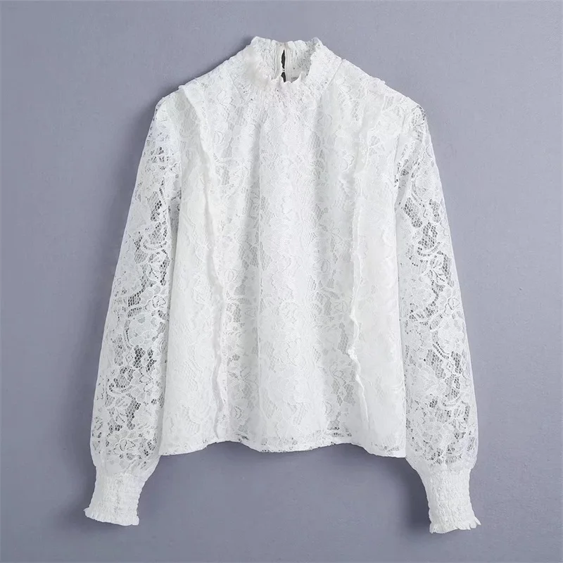 

MESTTRAF Women 2021 Sexy Solid Color Cascading Lace Loose Blouses Vintage Stand Neck Long Sleeve Female Slim High Street Shirts