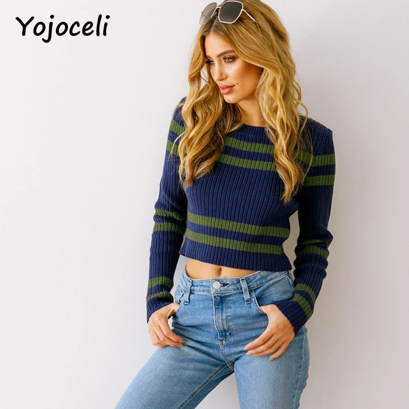 Повседневный полосатый свитер Yojoceli вязаные пуловеры женский короткий пуловер с