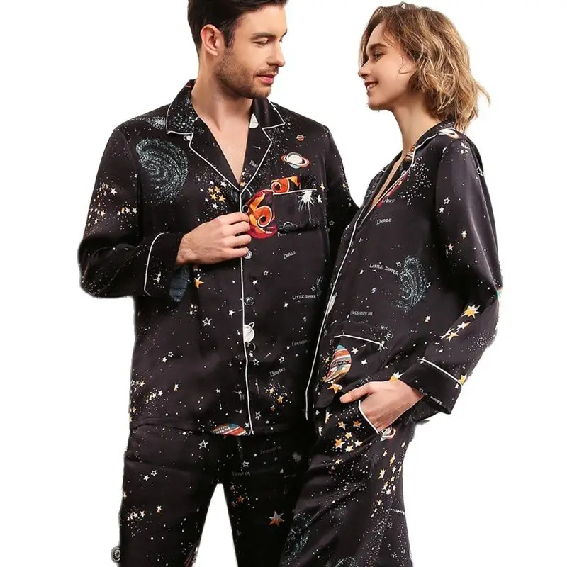 

Real Silk Pajama Female Summer Long-Sleeve Silkworm Silk Couple Sleepwear Black Starry Sky Male Pajamas Two-Piece Sets T8197QL