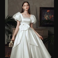 tulx robe de mariee new vintage wedding dress satin puff sleeves tea length marriage dress retro vestidos de novia bride gown