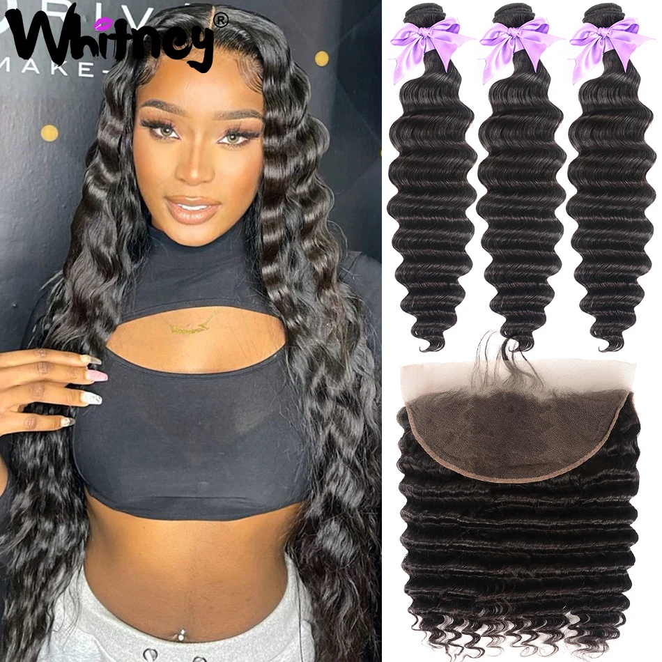 Peruvian Loose Deep Wave Bundles With Frontal Remy Hair Lace Closure With Bundles Deep Wave 3 Bundles With Closure Shuangya Hair
