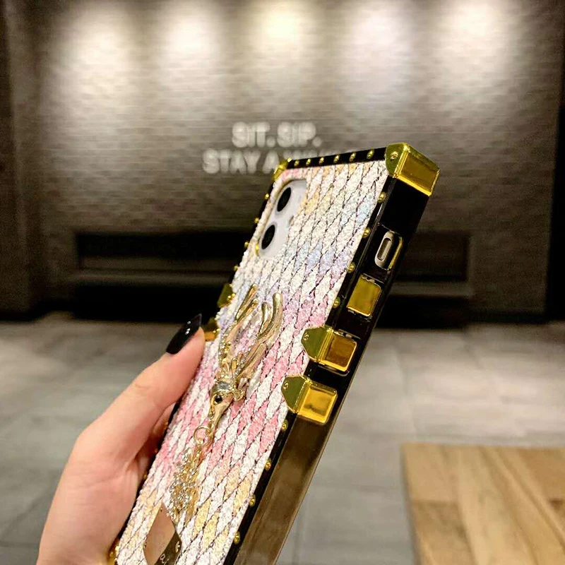 Luxury Square Glitter Geometric Phone Case for Xiaomi Mi 10T lite Redmi 7 7A 8A 9A 9C Note 7 8 8T 9 Pro 9S Christmas Deer Cover images - 6