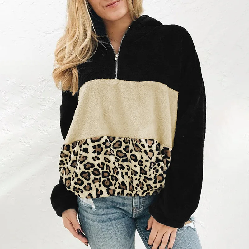

Hooded Sweater Women's Autumn and Winter New Leopard Print Contrast Color Zipper Semi Open Plush Europe America