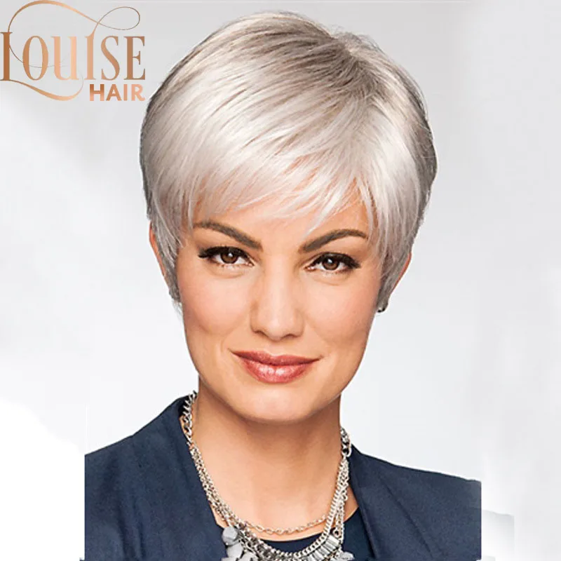 Луиза волос короткий Серебряный серый белый парик для пожилых женщин короткие