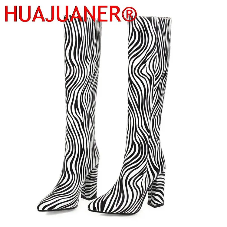 

Knee High Boots Pointed Toe Chunky Block Zebra Printing for Women Pointed Toe High Heels Shoes Ladies Thick Heel Botines