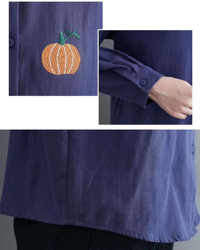 

Literary Cotton Linen Pumpkin Embroidery Shirt 2021 Spring New Retro Loose Casual Long Sleeve Shirt Oversized Blouse