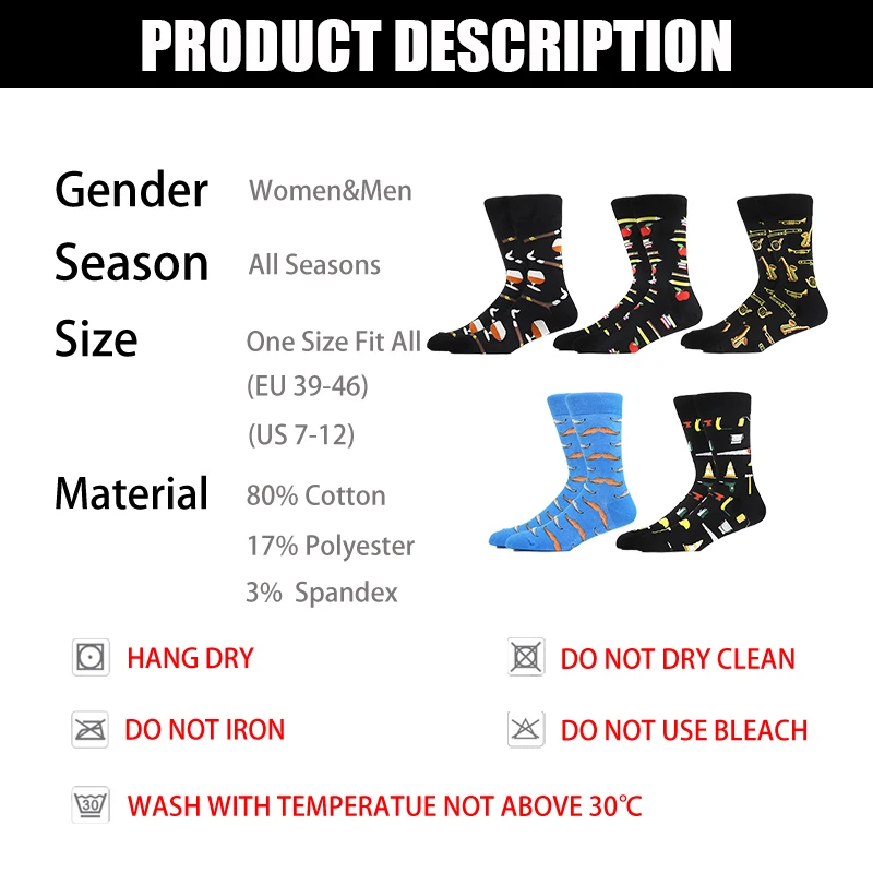 

Men Socks Cotton Funny Violin Pipe happy men cotton Socks Breathable And Sweat-Absorbing Novelty Casual Dressing Socks