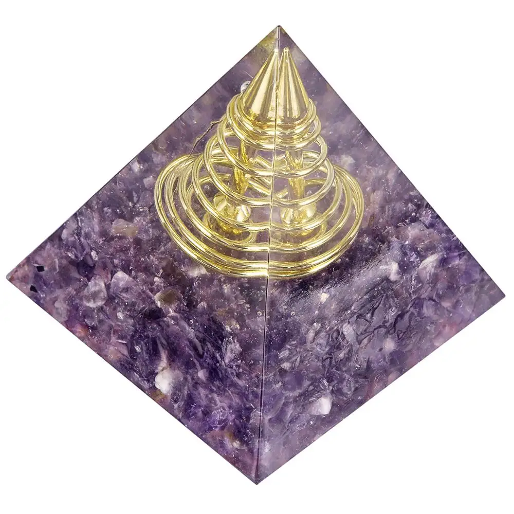 Amethyst TUMBEELLUWA целебный Кристалл Orgone Пирамида с золотой спиральной точкой, генератор энергии оргонита для йоги медитации чакра балансировки - Цвет: Amethyst